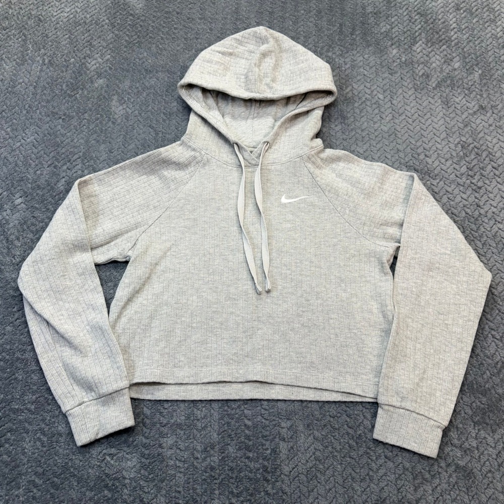Nike Hoodie Womens XS Cropped Boxy Heather Grey Ribbed Cotton Athleisure Workout